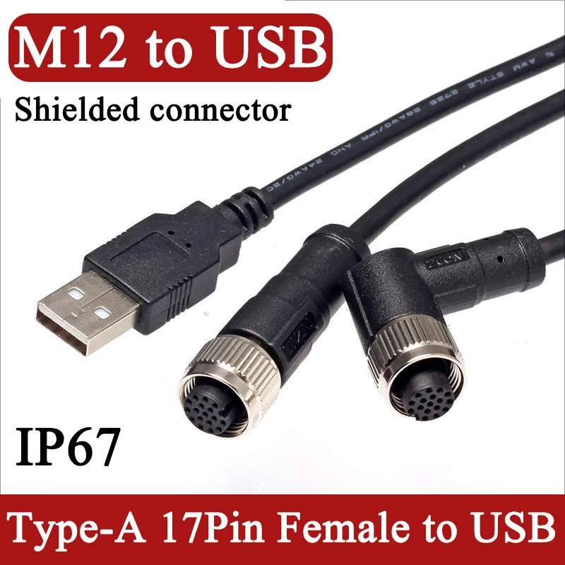 17Pin M12 to USB Connector Wire with Shielding Straight/Elbow M12 17Pin Female A-cord Aviation Plug Connector IP67 Waterproof