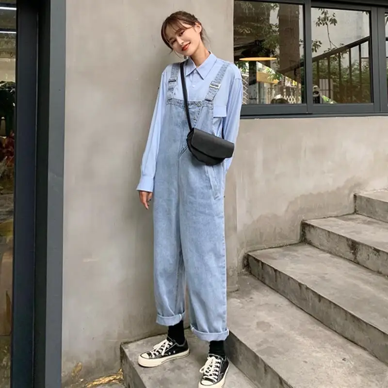 Jumpsuit Denim Wanita Versi Awet Muda Desain Lebar Model Wanita Pinggang Sedang Ramping Ringan Lembut Tipis Halus