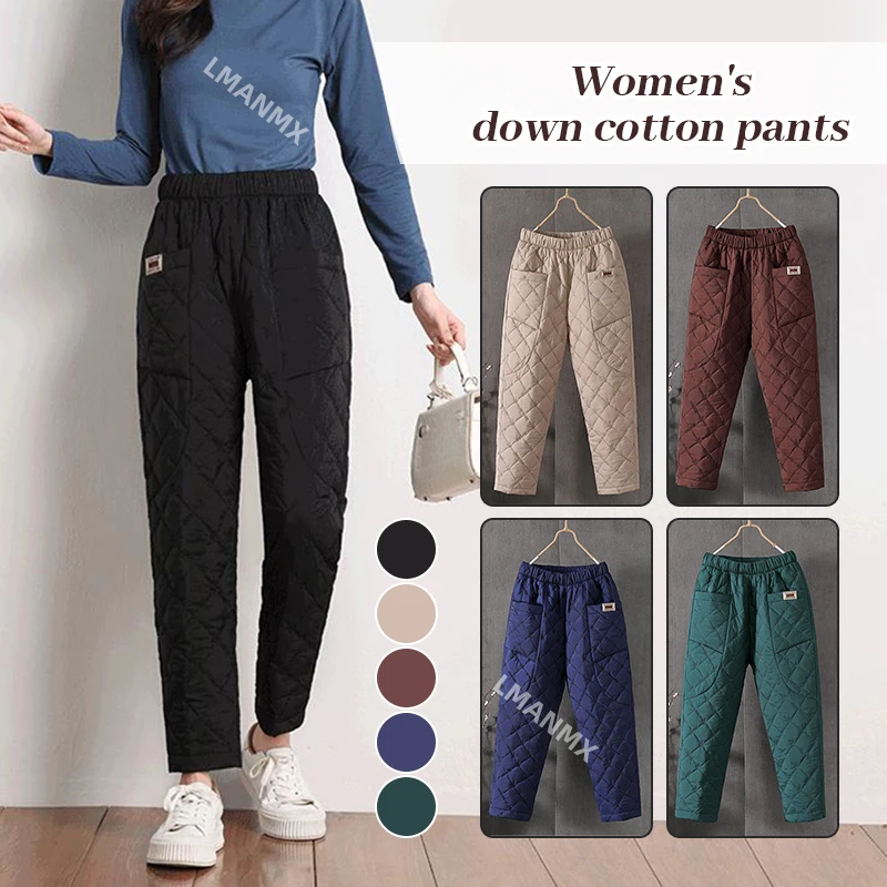 Hot Women Winter Pants Cotton Padded Thick Warm Trousers Waterproof Ski Pants Casual Elastic High Waisted Quilted Snow Pant