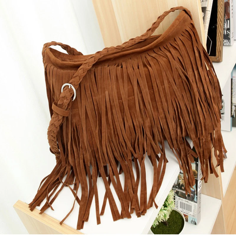 Women\'s Fringed Leather Shoulder Bag With Adjustable Knitting Strap Soft Ethnic Style PU Messenger Bag Solid Color 2023 New