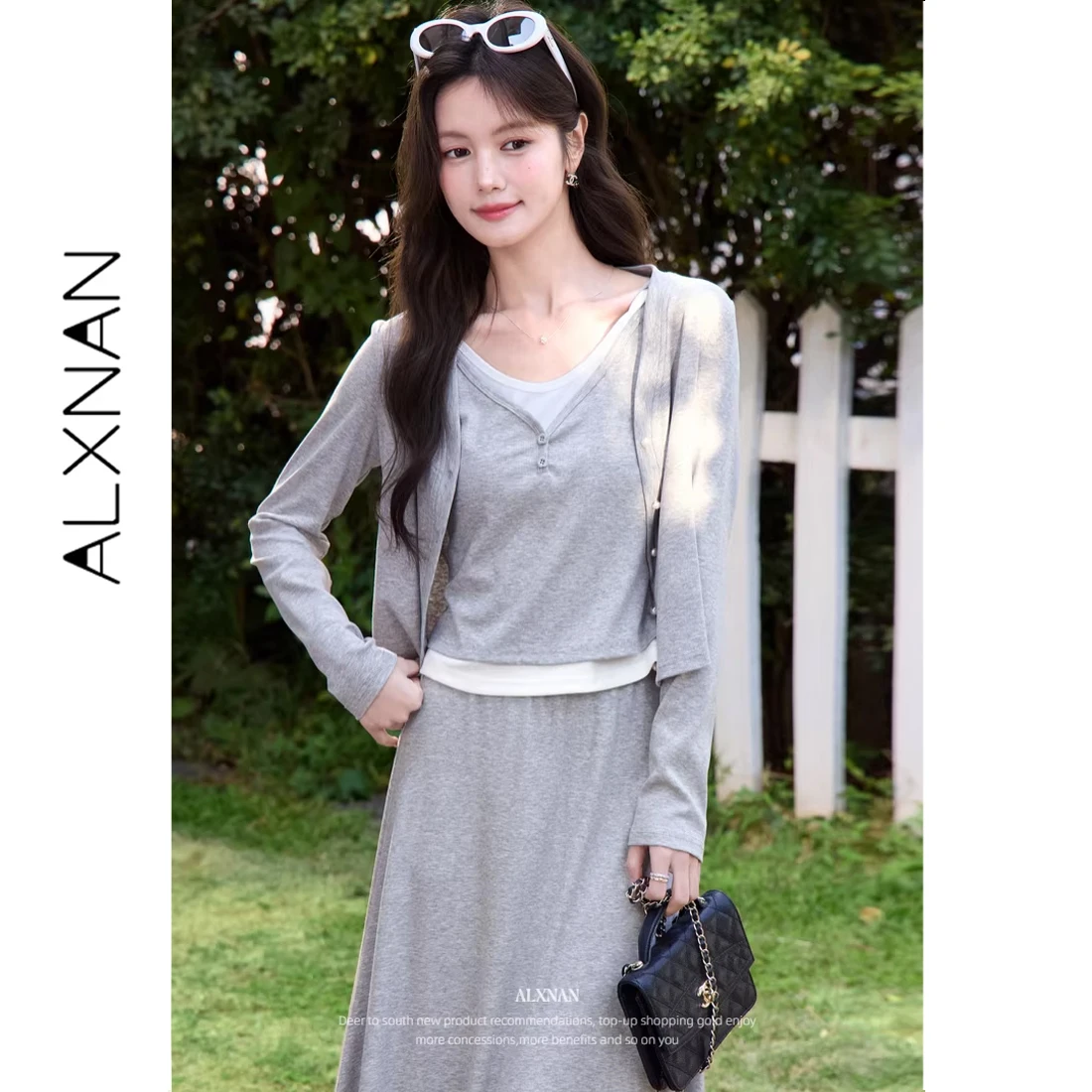 

ALXNAN Серый вязаный кардиган 2026 Весна Новинка с жемчужными пуговицами Женская вязаная одежда Повседневные элегантные топы с длинным рукавом L62116
