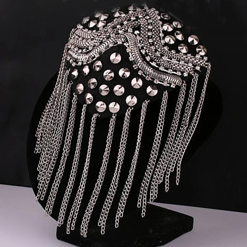 Vintage Brand Luxury 2pcs/pair Elegant Brand Design Silver Gold Black Spike Rhinestone Tassel Epaulet Brooch Badge Gift