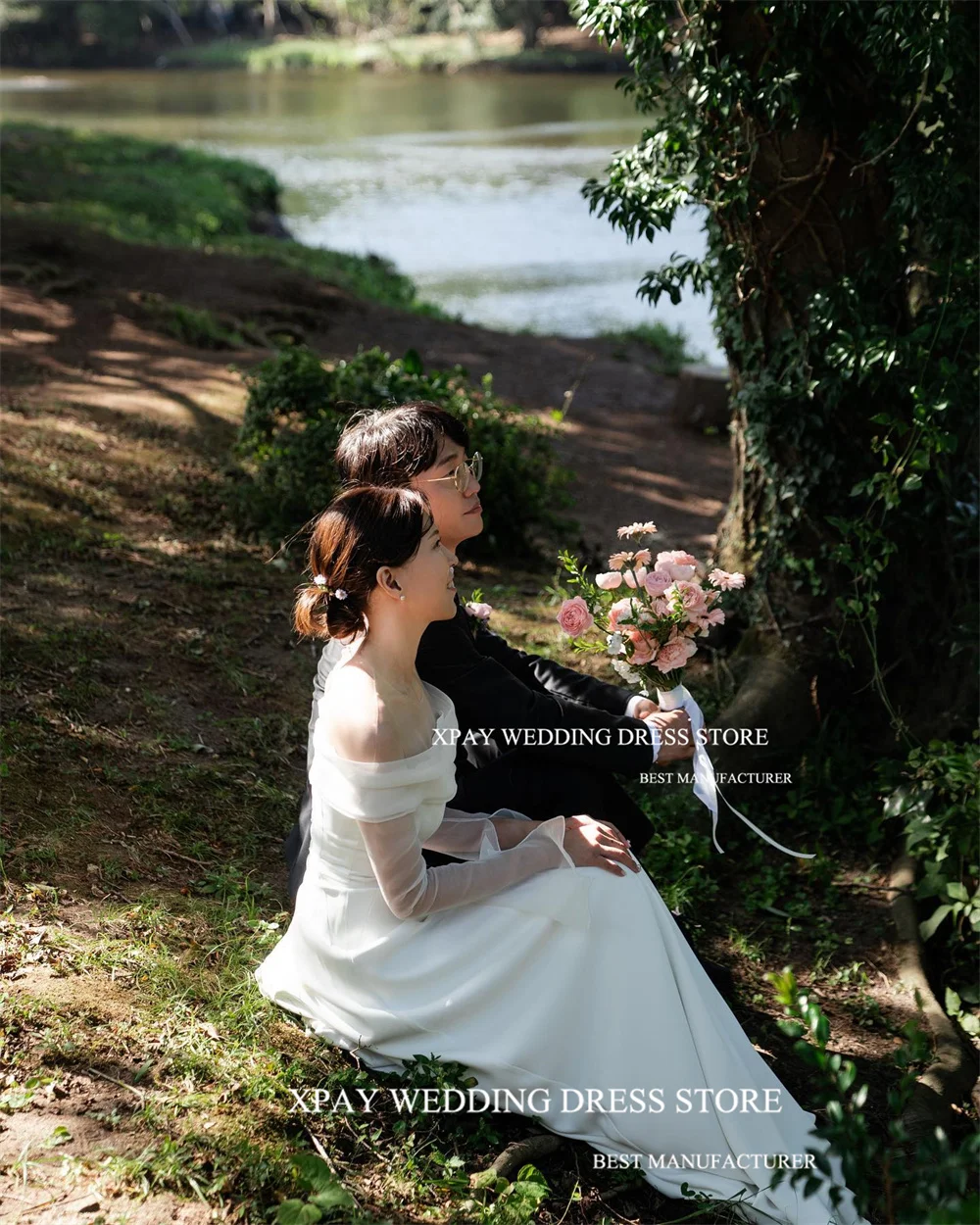 XPAY vestidos de novia de línea A de Corea con hombros descubiertos, mangas largas, vestidos de novia de jardín, sesión de fotos sin espalda, vestido de novia de Organza