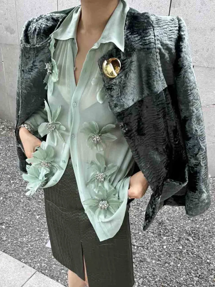 

ZOCI Women's Blouse Art Retro Style Flip Collar Chiffon Female Long Sleeve Lapel Shirts 3D Flower Patchwork Tops 2025 Spring New
