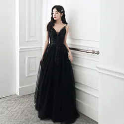 DongCMY Black Little Prom Dress Deep V-Neck Halter 2026 Maxi New Style Socialite French Dress Birthday Party Gown Customized