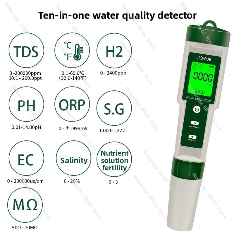 Ten-in-one water quality tester PH/TDS/EC/salinity/S. G/ORP/hydrogen-rich H2/resistivity nutrient solution
