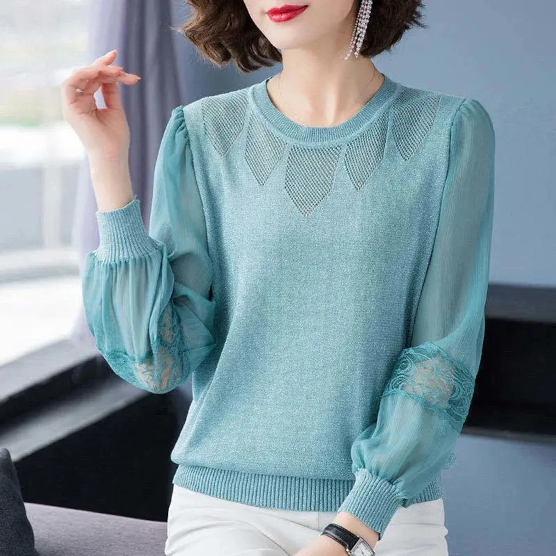 Simple Elegant Round Neck Solid Color Summer Women's Lace Hollow Long Sleeved Loose and Fashion Versatile Knitted Shirt Tops