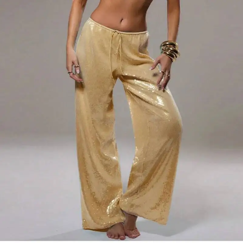 Women's Sparkling Sequins Low Waisted Casual Wide Leg Pants Fashionable Loose Mint Sexy And Slim Elastic Waist Full Lenght Pants