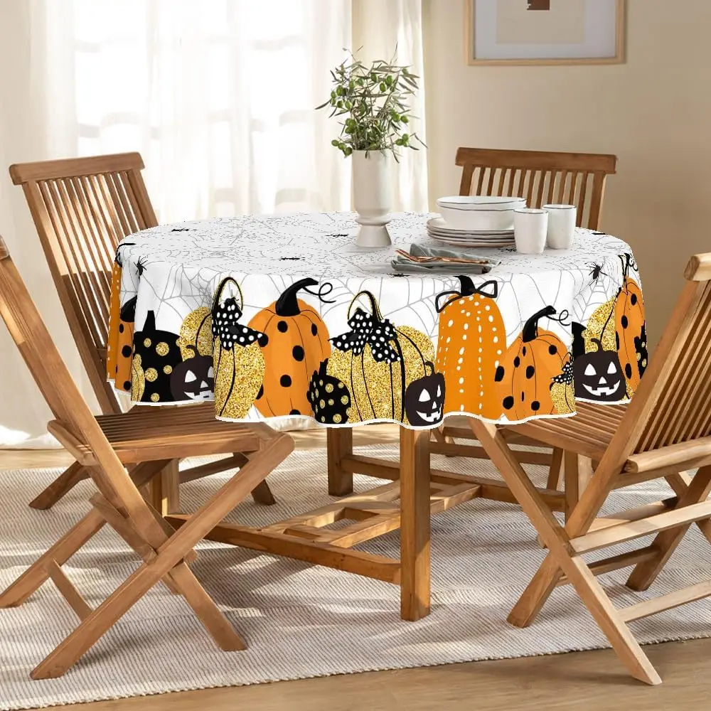 Halloween White Tablecloth 60x60 Inch Round, Lantern Pumpkin Cobweb Scary Themed Washable Table Cover for Party