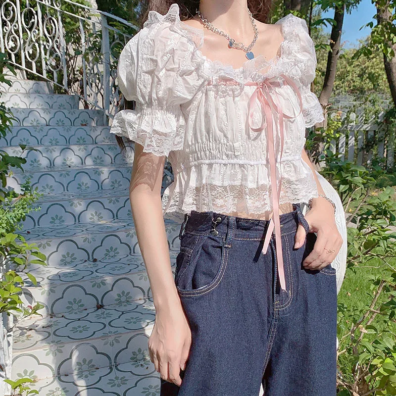 Summer Japanese Lolita Kawaii Blouse Women Lace Pink France Sweet Cute Blouse Female Puff Sleeve Korean Style Crop Tops 2023 New