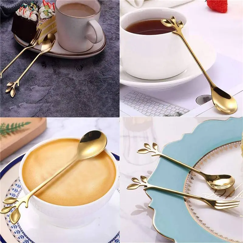 ABJN-30Spoon+30Forks Stainless Steel Leaf Coffee Cake Spoon Fork Dessert Spoons, Stirring Teaspoon Set Golden