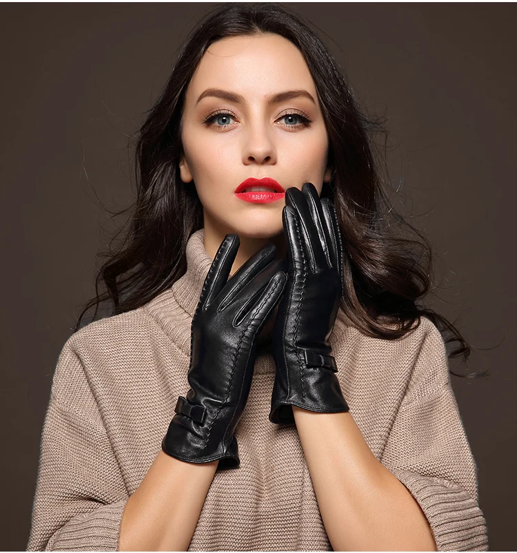100% High Quality Real Leather Gloves Touch Screen Gloves Women Sheepskin Gloves Thicken Warm Brown Lady Warm Fleece Mittens