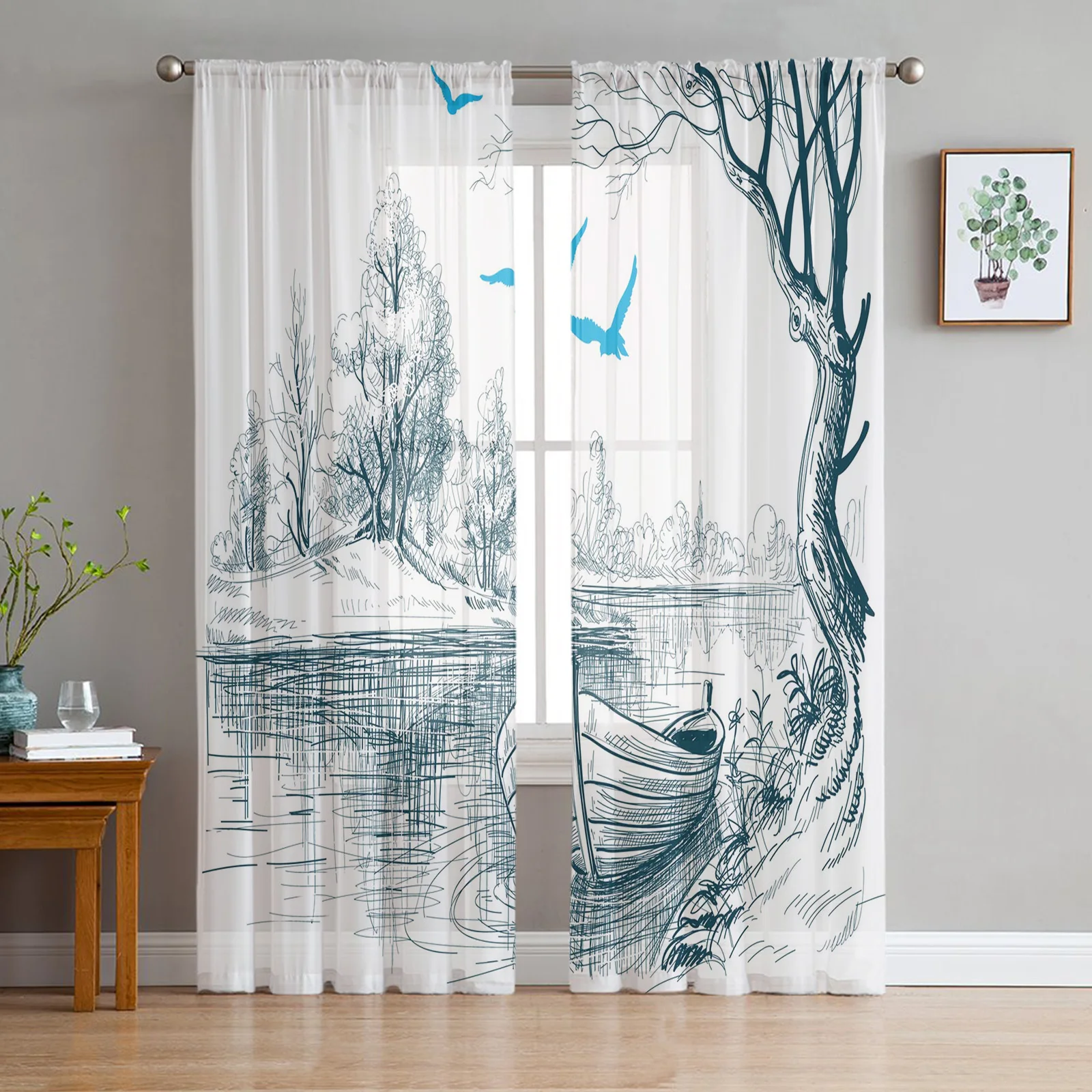 Riverside Boat Tree Flying Bird Illustration Tulle Sheer Window Curtain for Living Room Bedroom Voile Decorative Curtains Drapes