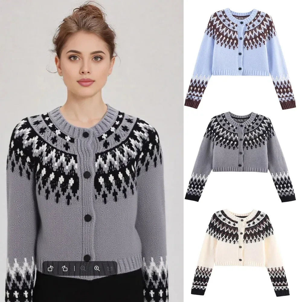 

Streetwear Women Autumn Winter Jacquard Knitted Cardigan Daily Fashion Short Chic Sweater O-Neck Floral Button Jacket Outerwear