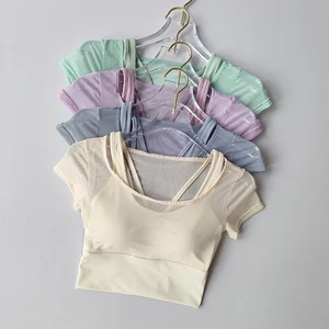 Fato fitness respirável manga curta para mulheres, top esportivo de alta qualidade, almofada no peito, treinamento Pilates, secagem rápida 10 principais vendas blusa de motoqueira feminina - №7