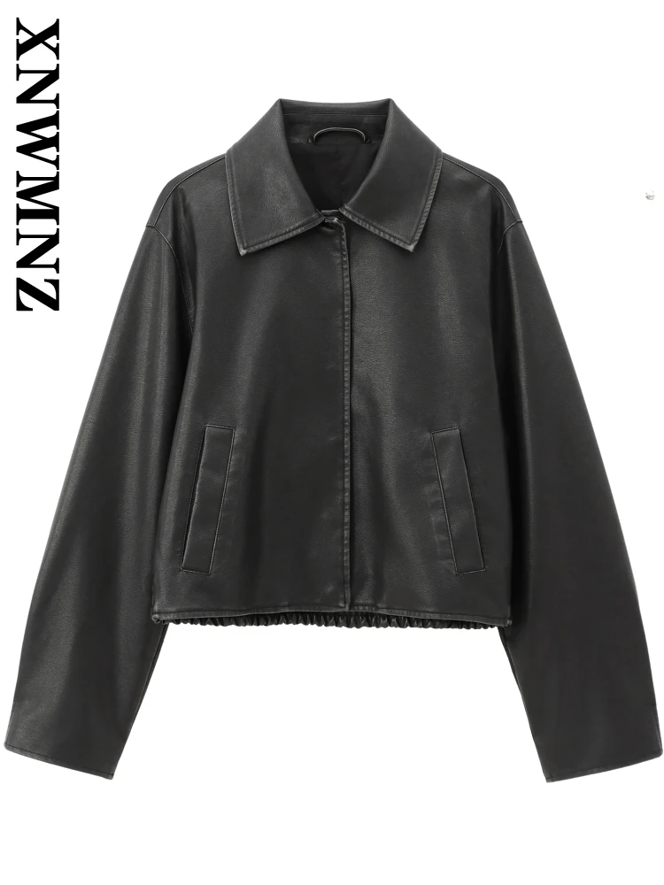 XNWMNZ Autumn Woman's Party Turn-down Collar Imitation Leather Shorts Jacket Trendy Female Coat Long Sleeve Two-piece Bottoms