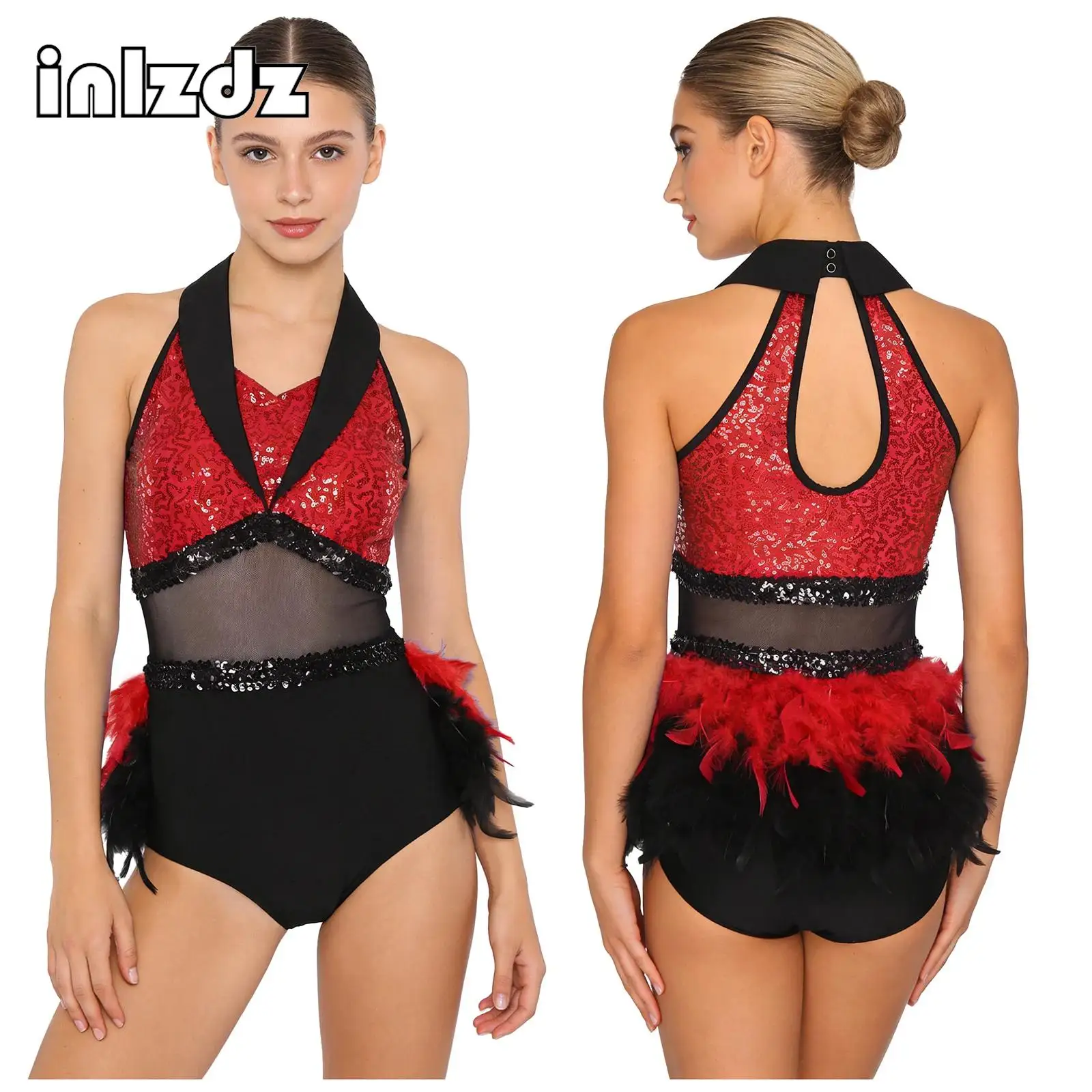 

Sleeveless Rumba Cha-cha Dance Bodysuit Women Sequin Feather Leotard Jumpsuit Skating Dance Jazz Latin Dance Performance Costume
