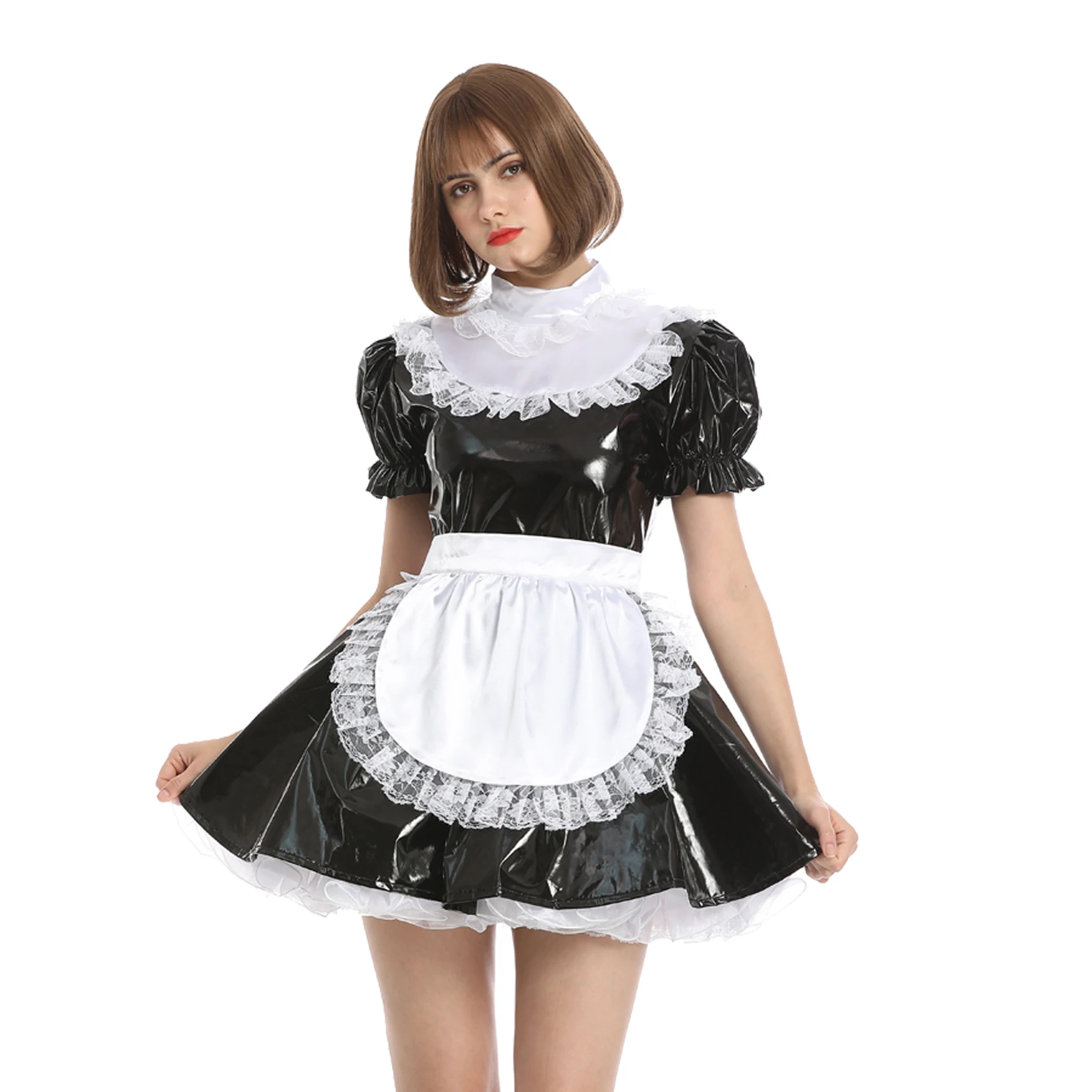 Women Sissy Maid French High Neck Black PVC Dress Crossdress