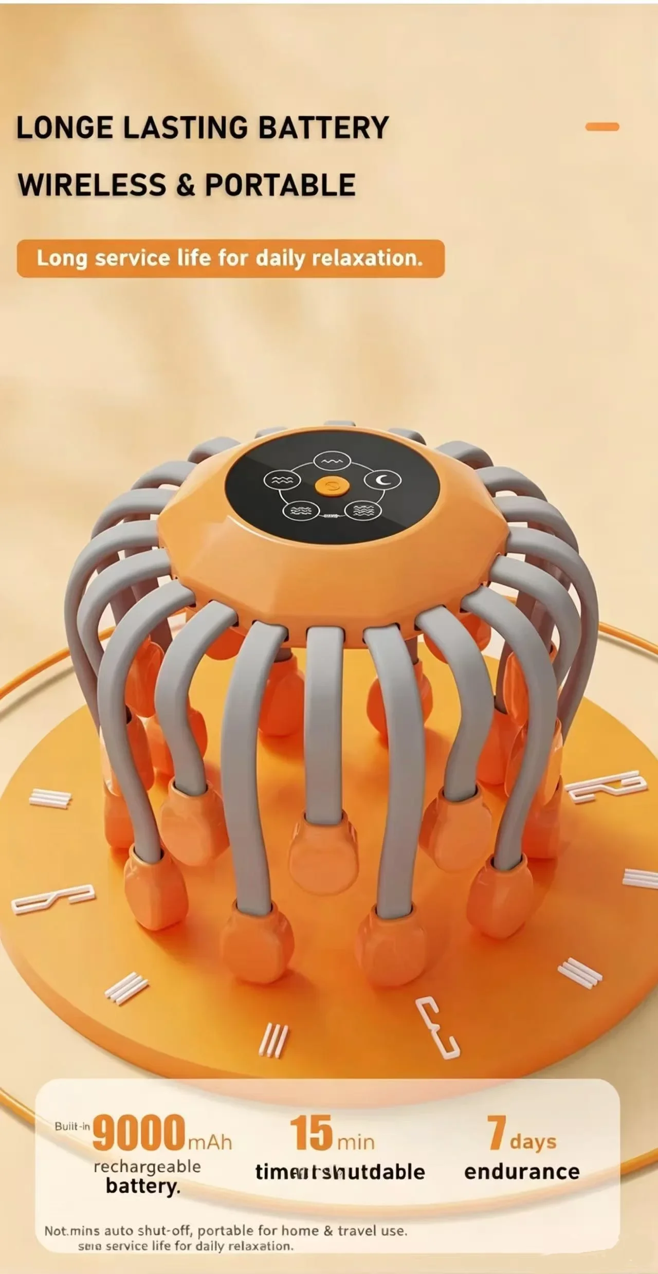 Orange Octopus Head Massager, 10/20 Independent Massage Heads, Wireless Vibration Scalp Scratcher for Daily Relaxation