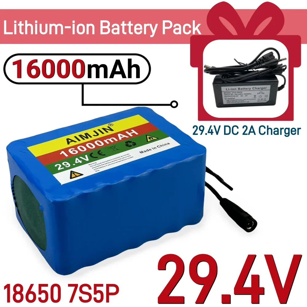 

18650 7S5P 24V 16000mAh High Power Rechargeable Li-ion Backup Battery Built-in BMS for Electric Bike + 29.4v DC 2A Charger