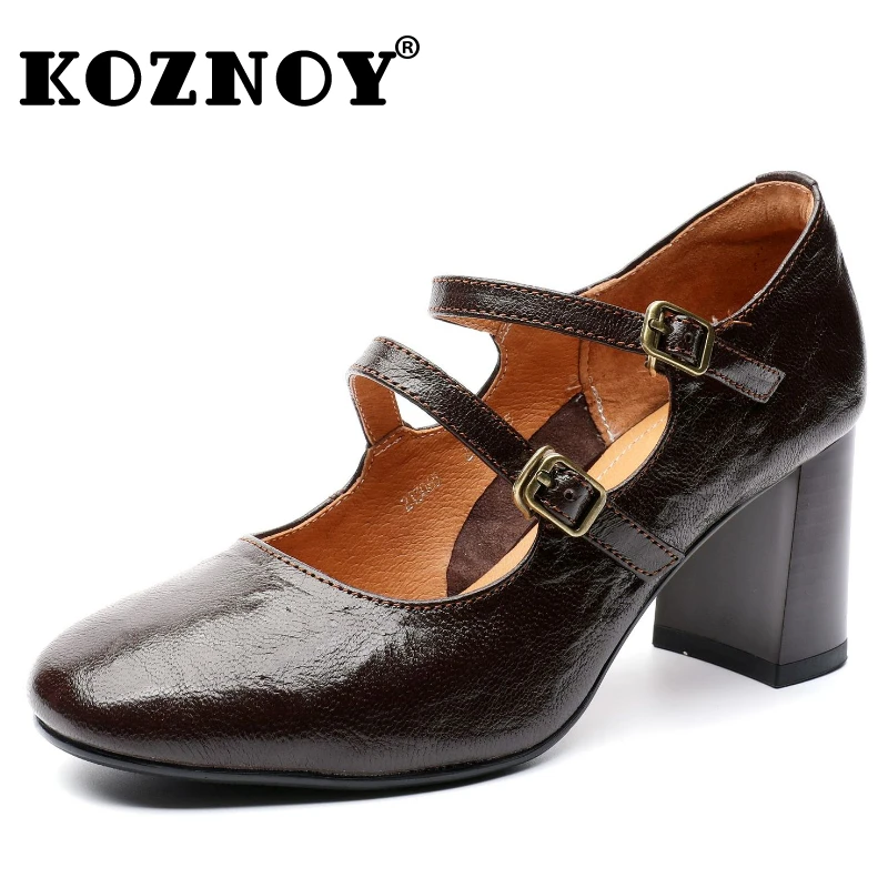 

Koznoy 5.5cm Cow Genuine Leather Moccasins Pumps Slip on Shoes Buckle Fashion Office Summer Spring Chunky Heels Office Women