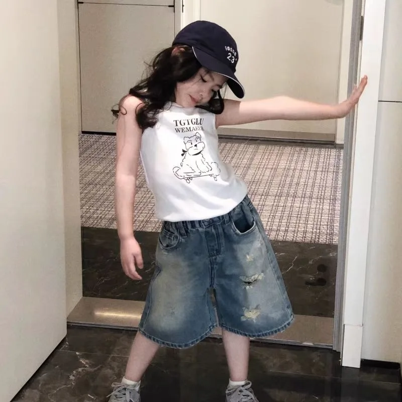 Girl's Stylish Ripped Denim Mid Rise Pants 2026 Spring Summer Loose Fit Kids Casual Wear