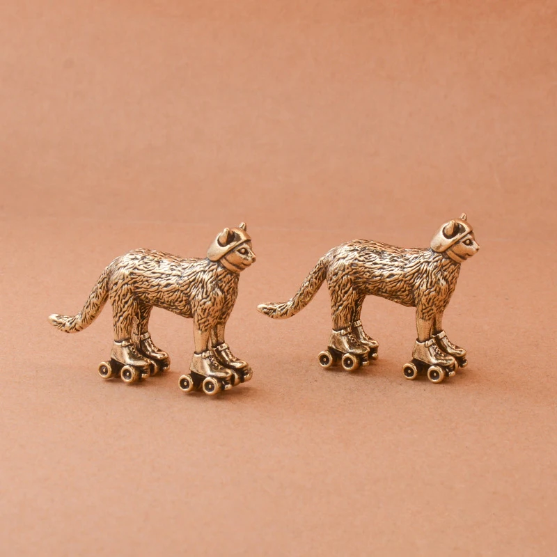 Brass Distressed Ski Cat Figurine Miniature Tea Pet Craft Desktop Small Ornament Animal Home Decor Accessories Children Gift view 3