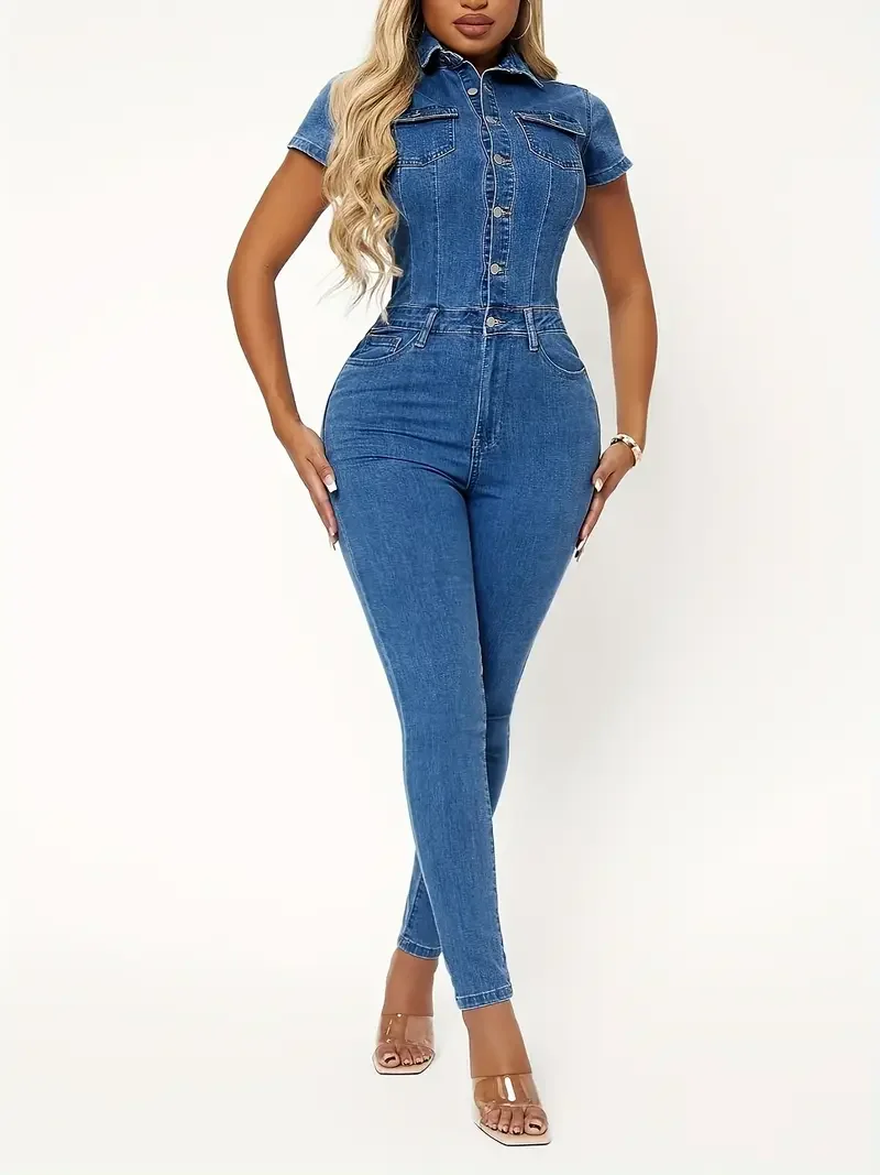 

[Сексуальные джинсовые комбинезоны] Сексуальные джинсовые женские комбинезоны | Джинсовый комбинезон на пуговицах с короткими рукавами