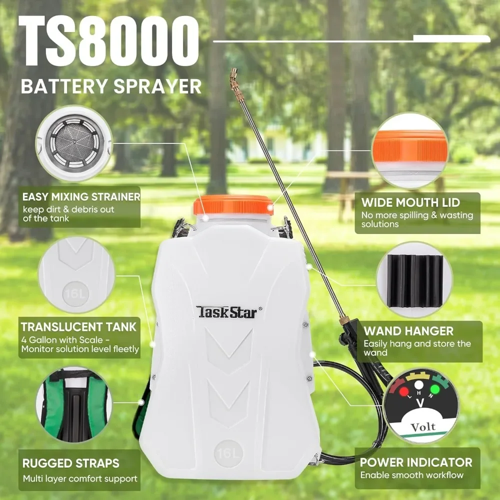 Backpack Sprayer 4 Gallon Battery Powered Electric Sprayer (TS8000) Total 8000mAh Lawn Yard Weed Battery Sprayer 80-100PSI