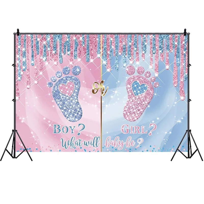 Boy or Girl Gender Reveal Party Photography Backdrop Bear Newborn He or She Revelation Blue Pink Balloons Decorations Background