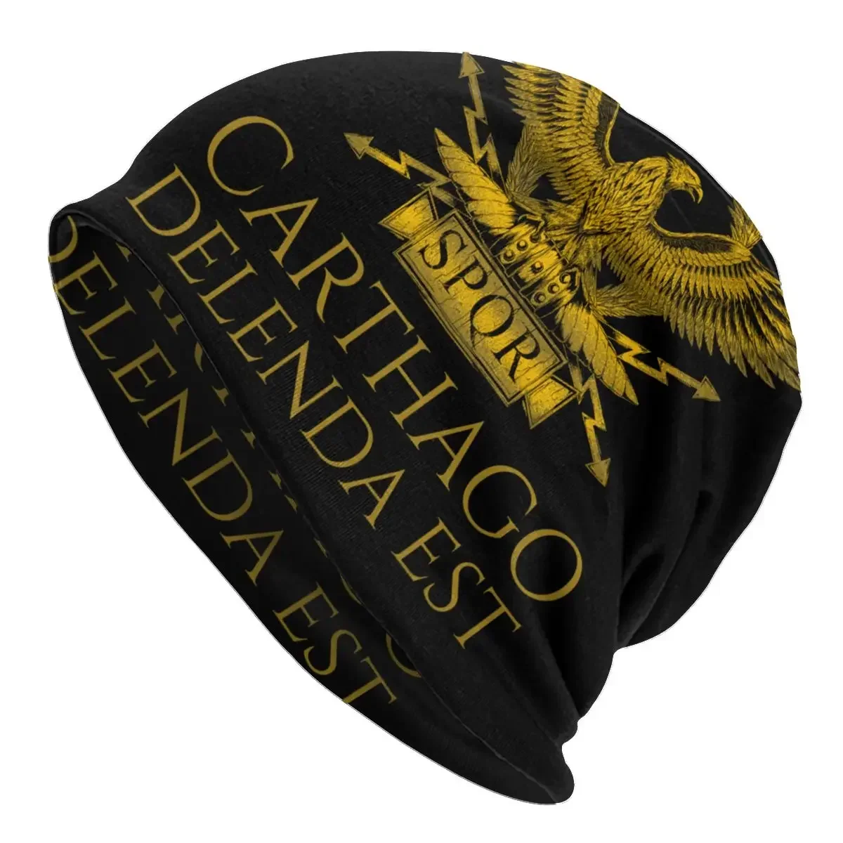 Gorro de punto de historia romana antigua para hombre, gorros de águila dorada Imperial, gorros cálidos de invierno, capó con cita latina, Cartago Delenda Est