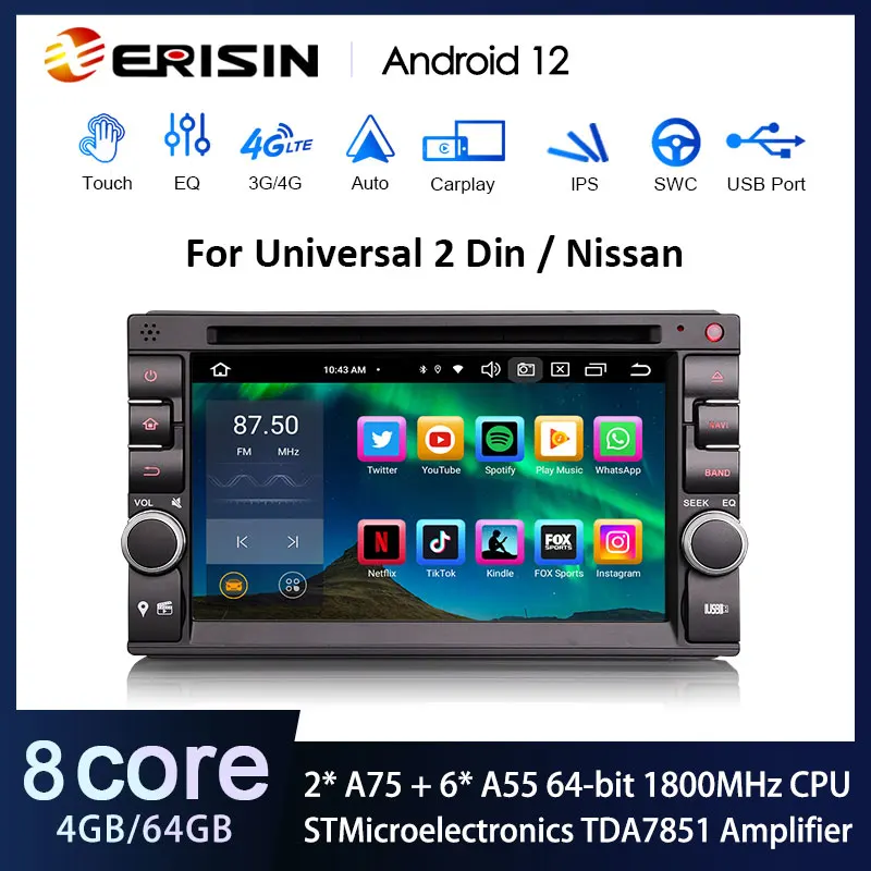 Erisin ES8536U Universal 2 Din Android 12.0 Car Stereo GPS For NISSAN Multimedia DVD Wireless CarPlay Auto Radio DSP 4G LTE WiFi