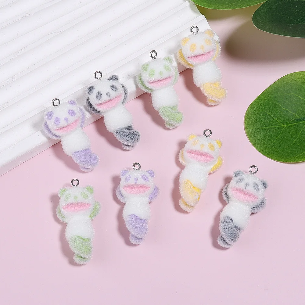 20Pcs 3D Cute Flocked Lucky Panda Charms Cartoon Animal Resin Pendant For Phone Bag Keychain Necklace Earring DlY Jewelry Make