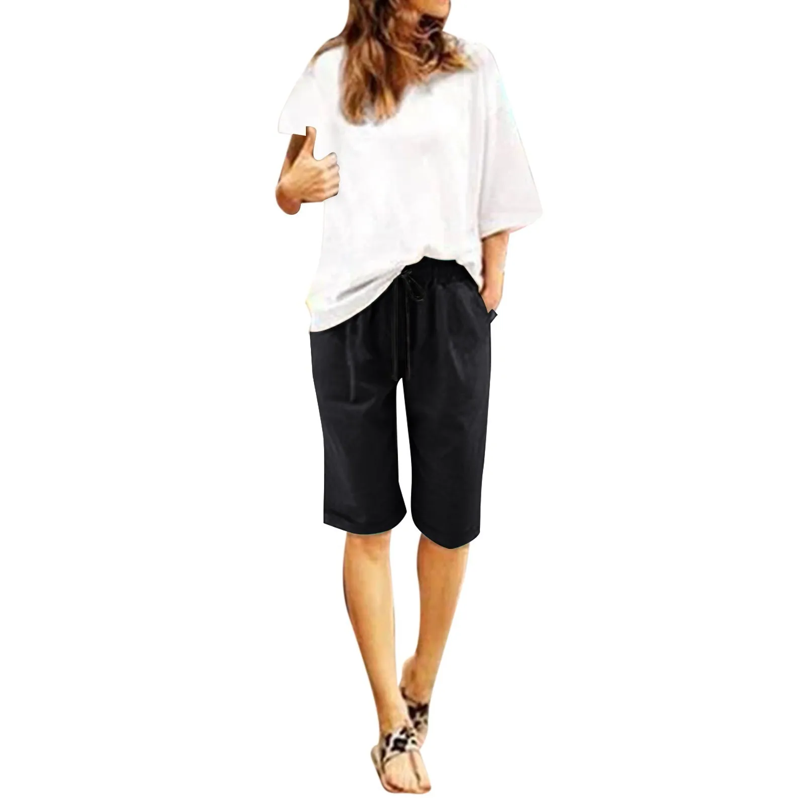 Pantalon de survêtement à jambe large pour femme, coton et lin, poche, monochrome, décontracté, été, plage, mode, cinquième