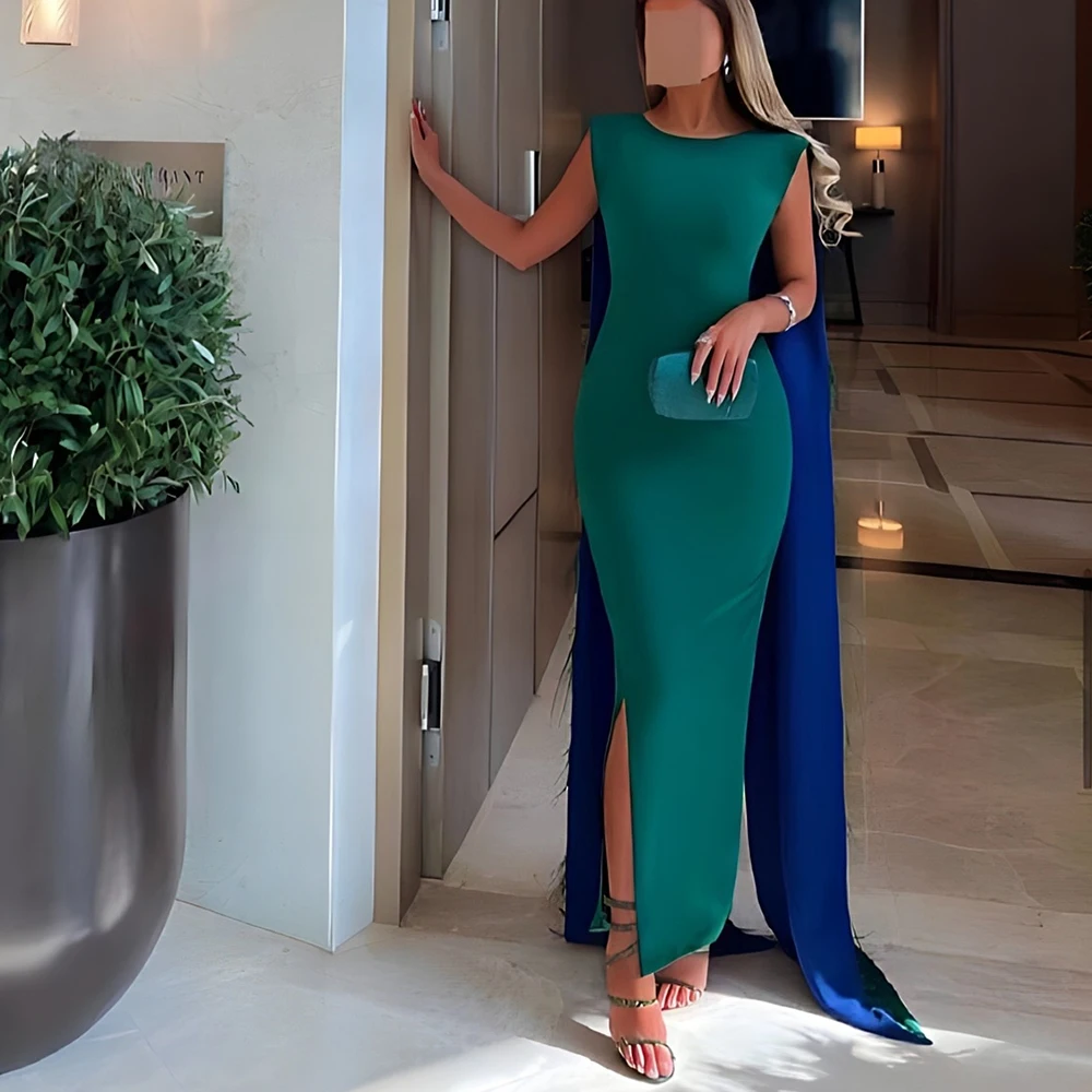 

Customized Temperament Straight Ankle Length Crew neck Jersey Sleeveless Evening Dress Classic Photo Color vestidos para mujer