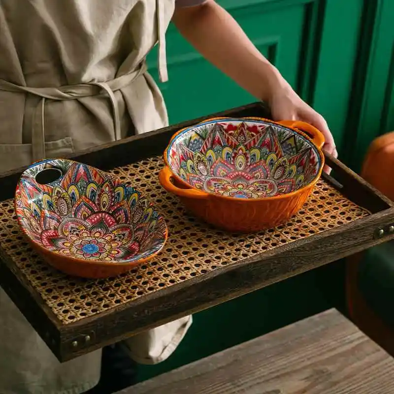 Nordic Style Large Capacity Porcelain Bowl Set Underglaze  Bohemian Patterned Dinnerware Set for Home Use