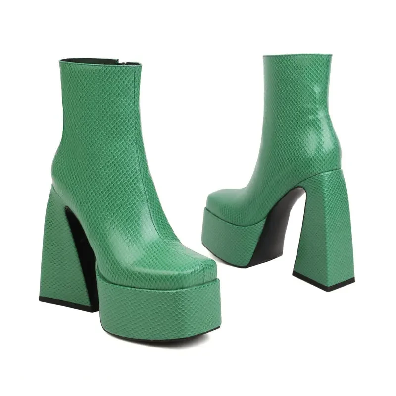 Green White Triangle Shape Thick High Heeled Woman Shoes Fashion Winter Block Heels Botines Big Size 45 46 Platform Ankle Boots