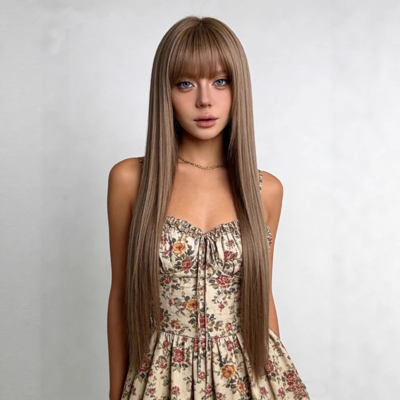 Women European Style Fashion Full Head Wig Natural Dark Brown Long Straight Wig Daily Wear Easy To Shape