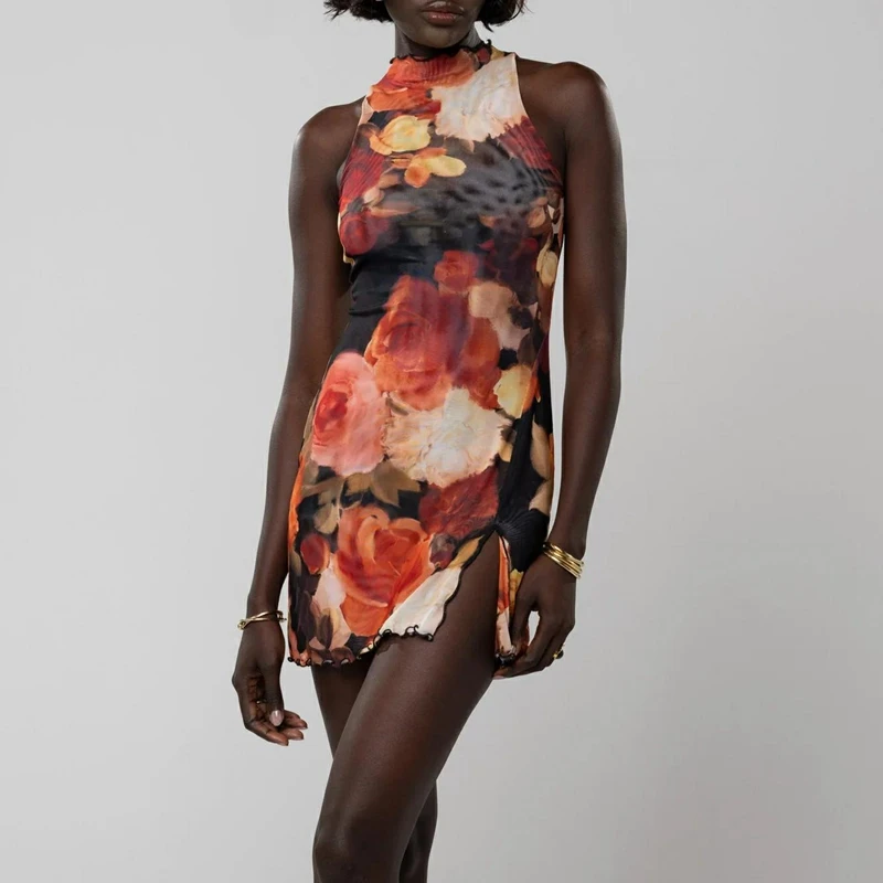 เดรสสั้นสไตล์วายทูเคสำหรับผู้หญิง โบฮีเมียน สายเดี่ยวรัดรูป เหมาะสำหรับออกงาน เดรสสายเดี่ยวเซ็กซี่ ลายดอกไม้ แขนกุด ชุดเดรสสั้นสำหรับใส่ไปเที่ยวทะเล