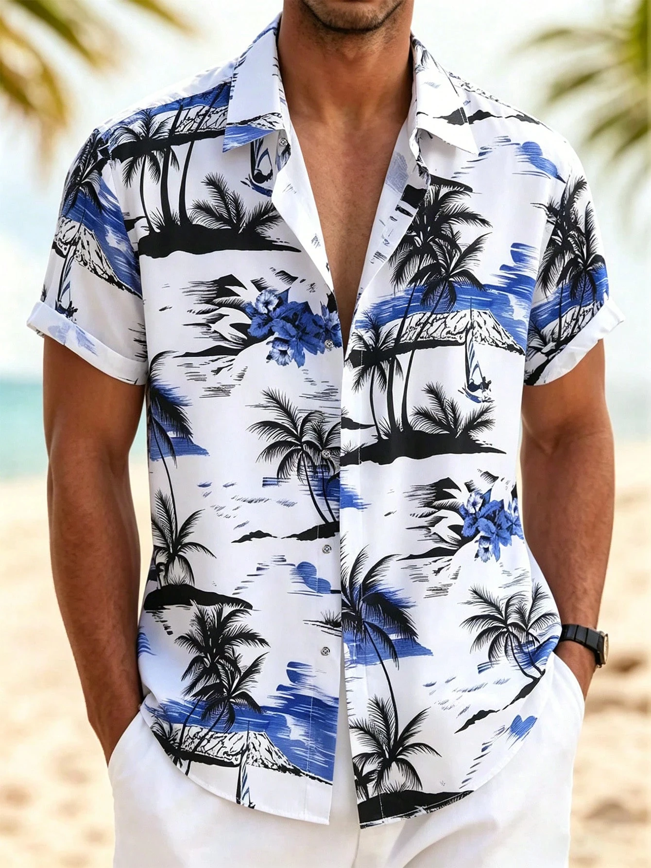Men's Short-Sleeve Button-Down Collar Shirt with Summer Coconut Tree Print Beach Vacation Hawaiian-Style Shirt Plus Size