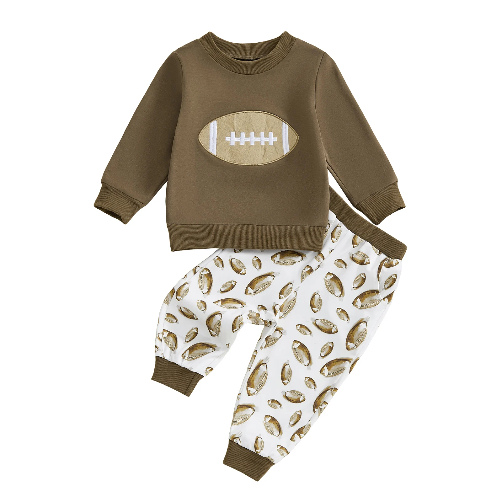 

Toddler Boy Fall Outfits Long Sleeve Round Neck Pullover + Elastic Waist Football Print Pants 2 Pcs Set