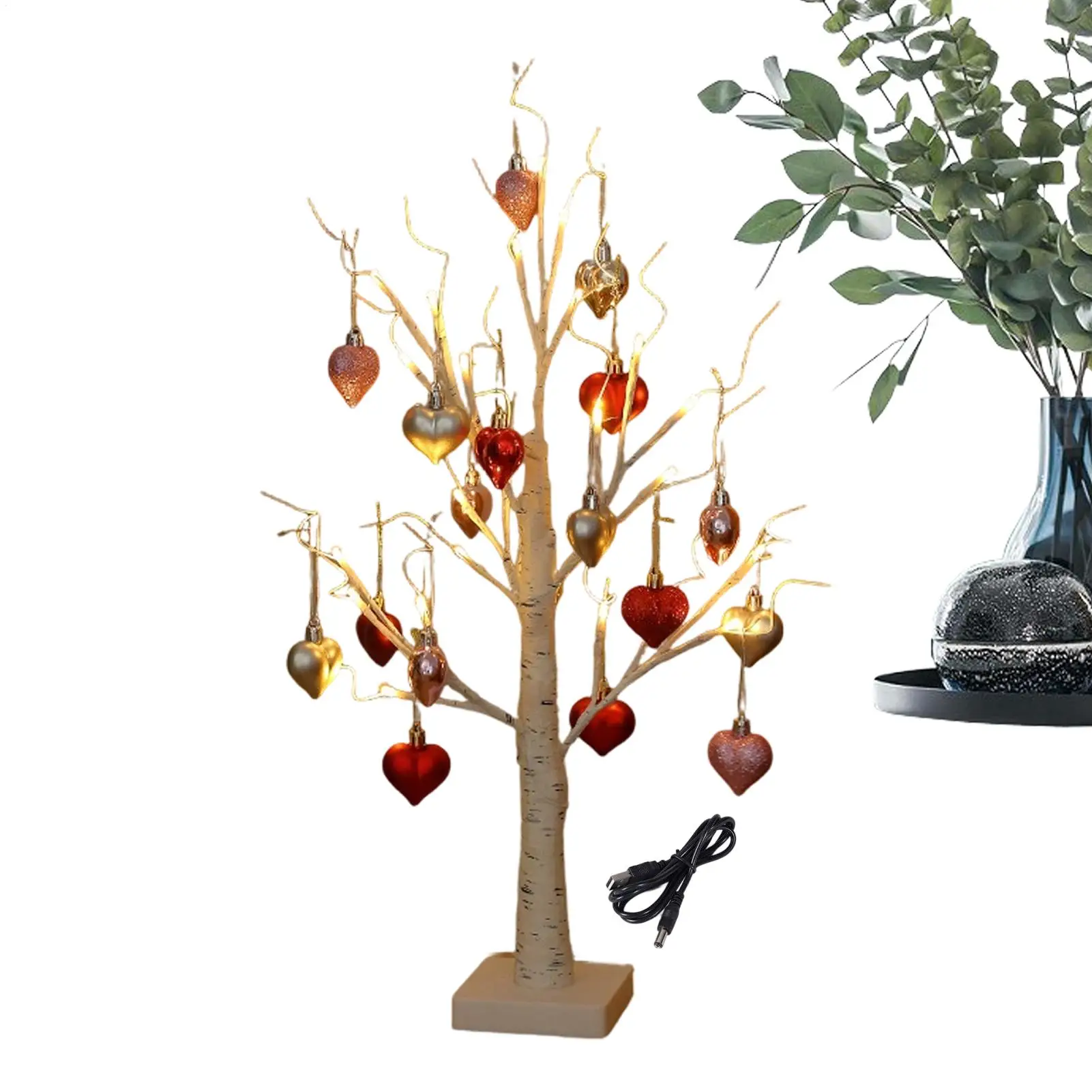 Birch Tree With LED Lights Romantic Artificial White Birch Tree With 18 Heart-shaped Ornaments Valentine's Day Table Decoration