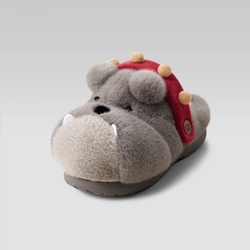 

Cute Bulldog Buddy Cotton Slippers Women's Winter New Warm Indoor Home Dual-wear Fur Slippers round Toe Flat Heel EVA Outsole