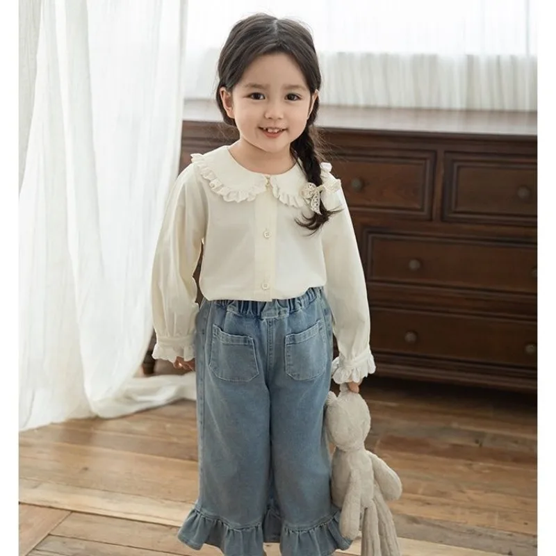 السراويل الفتيات ربيع الخريف بلون الجينز مع أرجل مستقيمة واسعة الساقين الدانتيل الساقين بناطيل كاجوال منتج جديد عصري 2025 #3