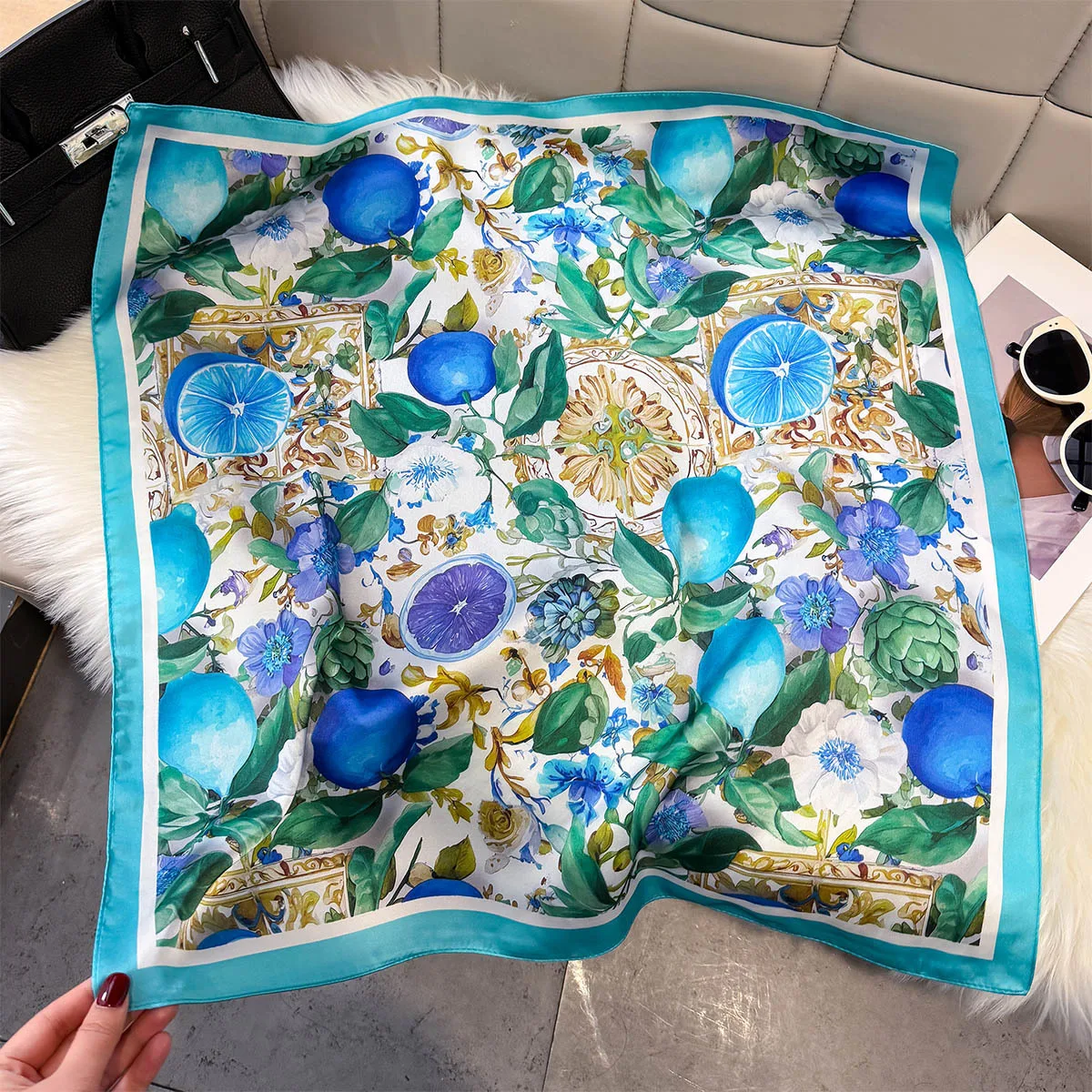 Quadratischer Seidenschal mit Zitronenmuster für Damen, weicher Hijab für alle Jahreszeiten, Dekoration für den Hals, Kopftuch, Foulard, Bandana, Halstücher – Detail 6