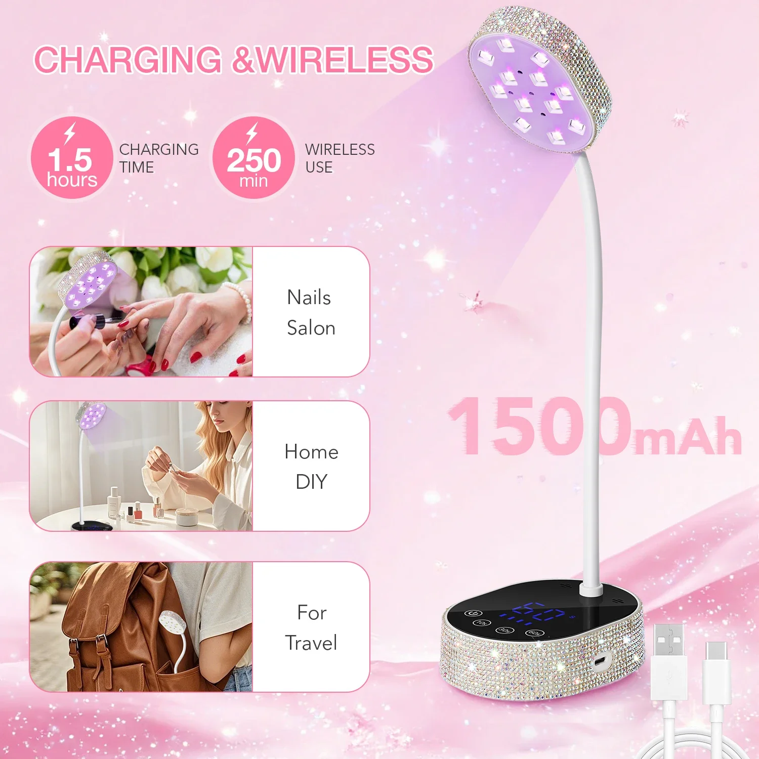 DianaBeauty UV Led Nail Lamp Prata Strass Recarregável Secador de Unhas com Tela Sensível Ao Toque e 3 Configurações de Temporizador Ferramentas de Manicure