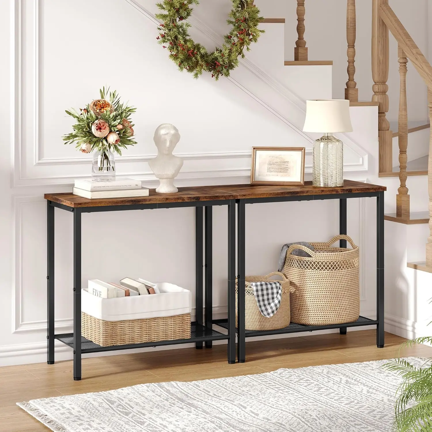 2 Tier End Table, Sofa Side Table, Narrow Side Table with Storage, Slim Nightstand for Small Spaces