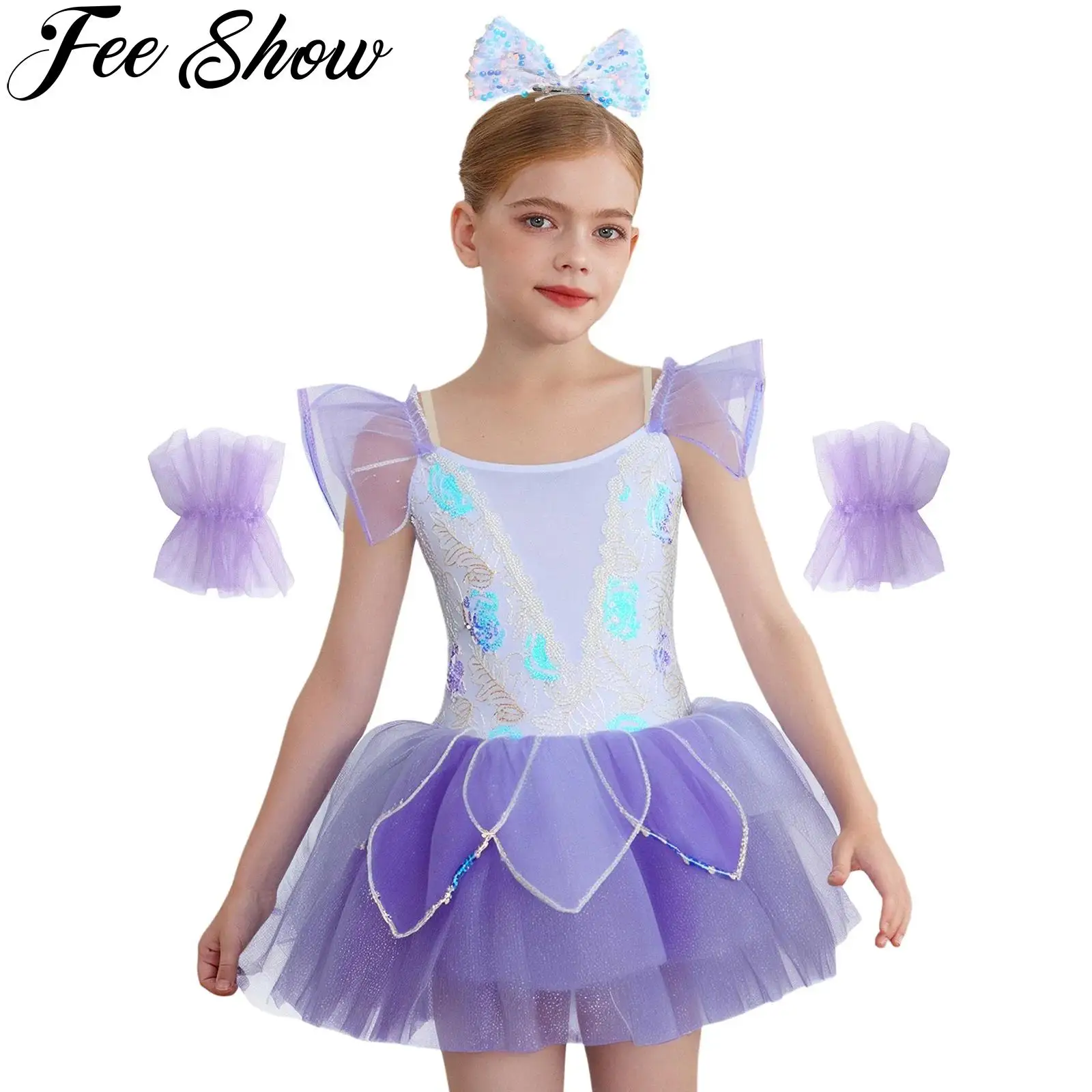 

Kids Girls Ballet Dance Dress Shiny Sequin Embroidery Tulle Princess Tutu Leotard Figure Skating Gymnastics Performance Costume