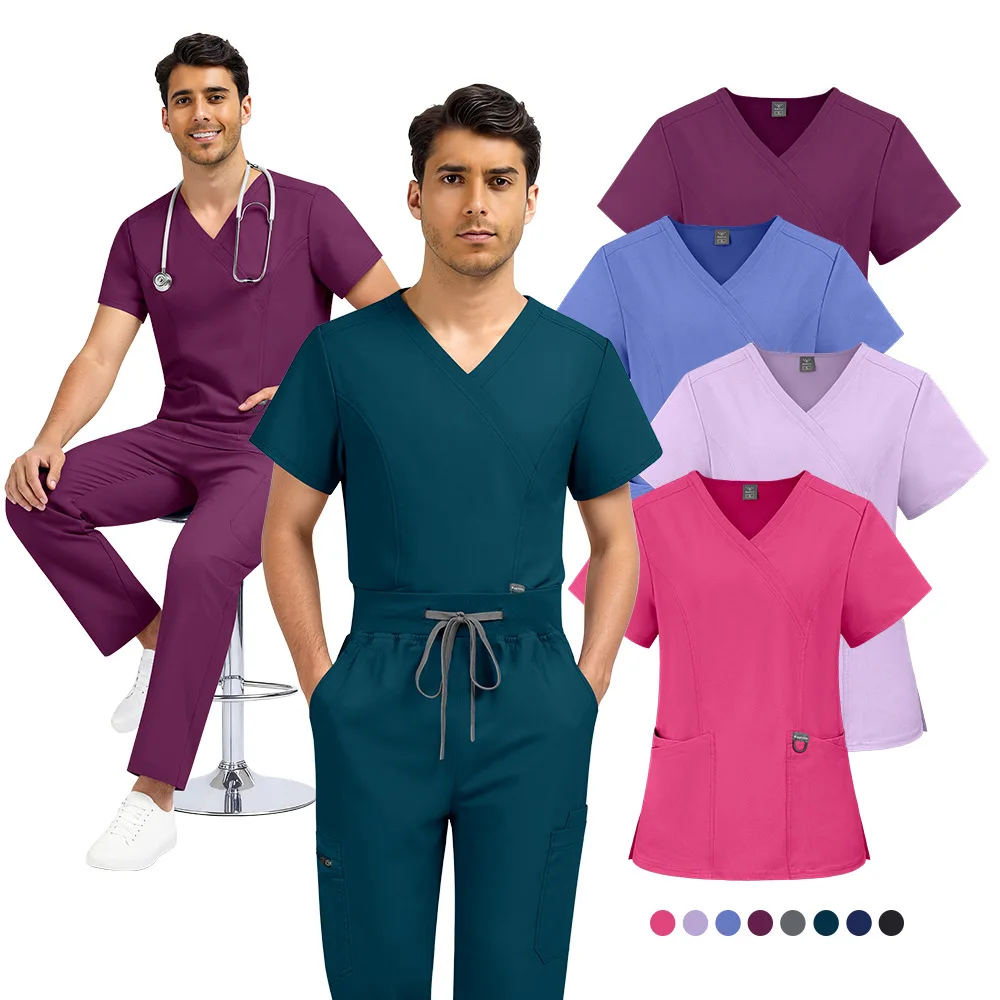 Unisex Medical Scrub Suit Set, V-Neck Short Sleeve Top Drawstring Pants Clinic Workwear, Doctor Nurse Beauty Salon Uniform