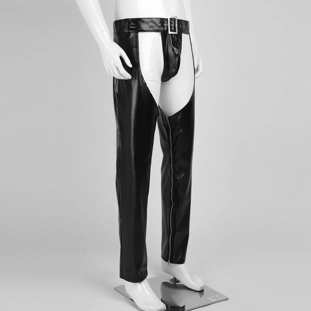 Men's Crotchless Leather Pants Sexy Zipper Detailing Nightclub Stage Costume Fetish Wear Pole Dance Chaps for Men